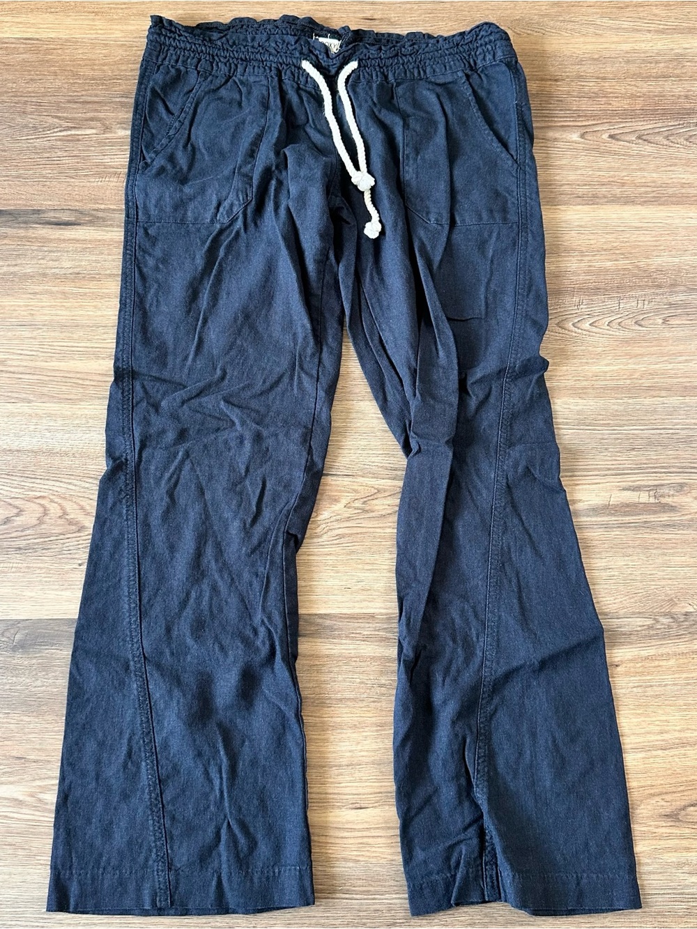 Roxy Black Linen Blend Pull On Wide Leg Beach Pants Womens Medium Casual Coastal